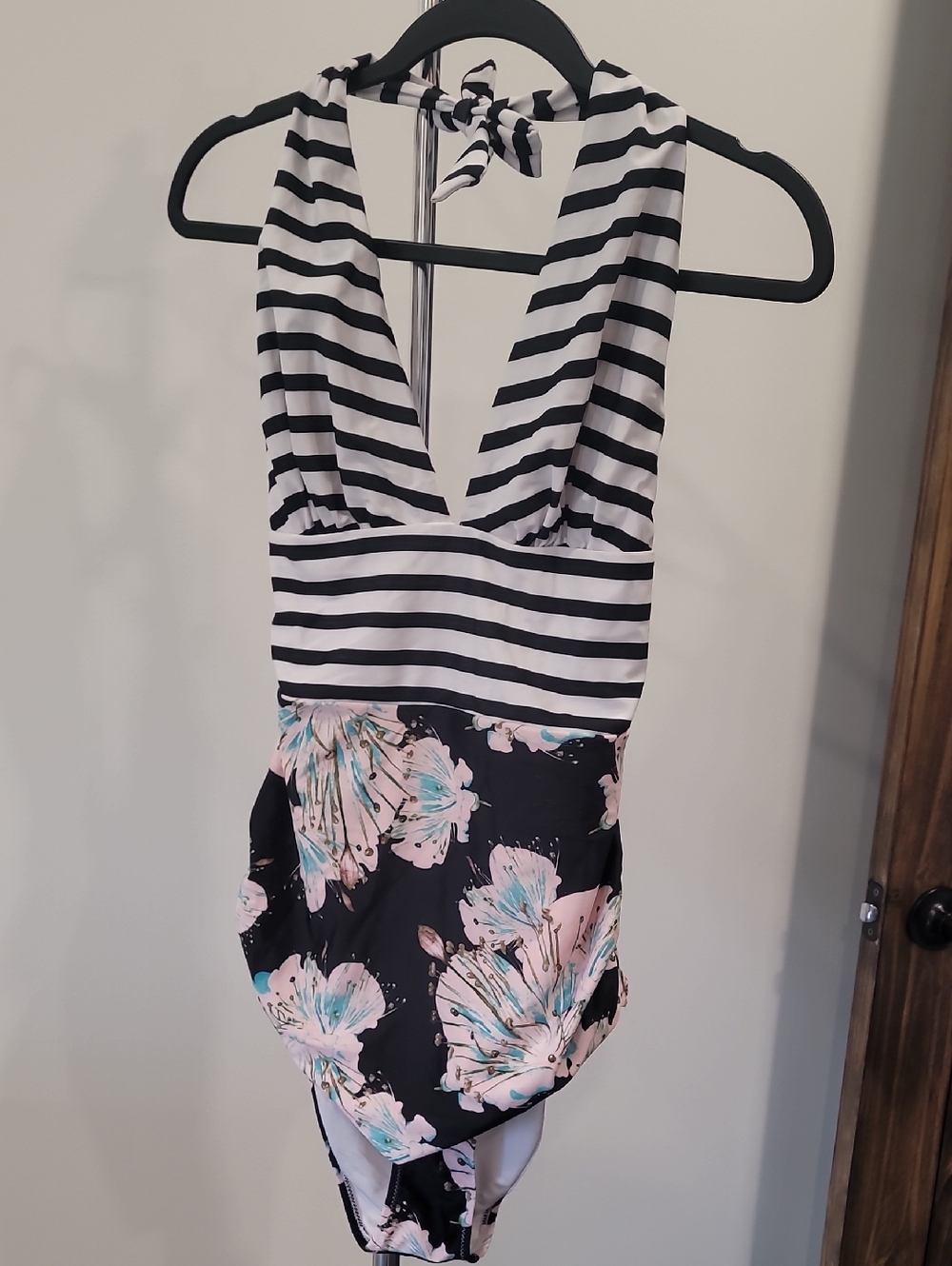 Striped & Floral Halter One-Piece Swimsuit - Black, White & Pink